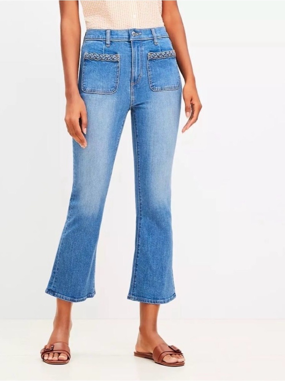 LOFT Blue Cropped Flare Jeans with Braided Front Pockets